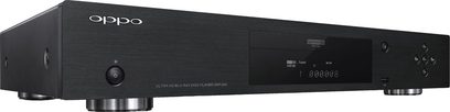 OPPO UDP-203 EU fekete 4K Blu-ray lejátszó, elölnézet, kijelzővel, gombokkal és tálcával az előlapon