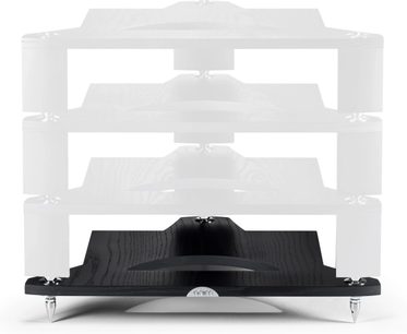 Naim Audio FraimLite base hi-fi møbel, frontvisning, sort, 3 hylder, koniske fødder, på hvid baggrund