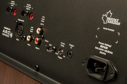 Subwoofer Paradigm XR 13 in noce visto da dietro, connettività e controlli visibili