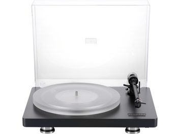 Platine vinyle hi-fi ClearAudio Compass noir, vue de face, socle noir mat, plateau circulaire translucide en acrylique, bras de lecture droit noir à droite, capot antipoussière transparent relevé