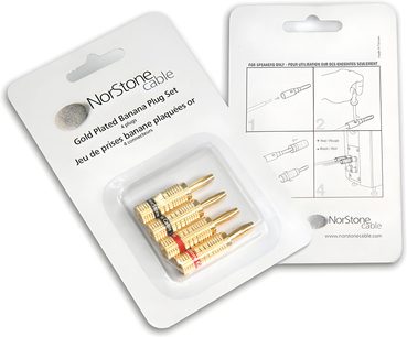 Vier vergoldete Bananenstecker in Norstone-Kabel, in einer transparenten Kunststoffverpackung mit Gebrauchsanweisung