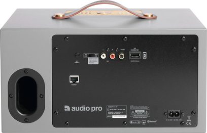 Enceinte Audio Pro ADDON C10 gris, vue de face, avec poignée en cuir, connectique à l'arrière et boutons de contrôle