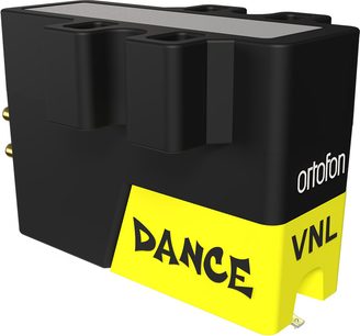 Celulă fonografică pentru pick-up DJ Ortofon VNL DANCE din plastic negru și galben, vedere din unghi, pini aurii, partea superioară gri