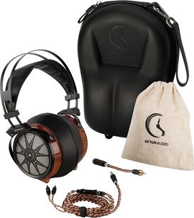 Sendy Audio Apollo åbne hifi-hovedtelefoner, brune transducere, sort hovedbøjle og ørepuder, flettet kabel, stofpose