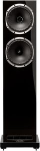 Diffusore da pavimento Fyne Audio F502S nero laccato, vista frontale, due altoparlanti con cornici metalliche, condotto reflex anteriore, base con punte