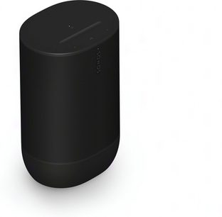 Soundbar Sonos Balíček ARC Ultra + Move 2 v matné černé barvě, pohled ze šikmého úhlu, válcový tvar, perforovaný povrch, dotykové ovládání