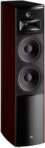 JBL LS80 sort højttaler i sort, set forfra, med to runde højttalere og en diskant, i lakeret træ