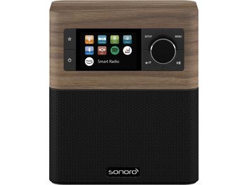 Sonoro Stream taisnstūra galda radio, riekstu koka un melns, skārienekrāns, skaļuma regulēšanas poga, koka un auduma priekšpuse