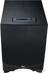 Klipsch RW-10d sort subwoofer set forfra, børstet front med blåt display og logo