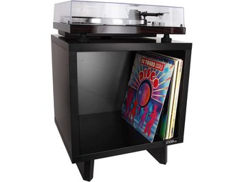 Mobile Enova HIFI Vinile Lover Cube nero, vista frontale, giradischi sul ripiano superiore, spazio di archiviazione verticale per dischi in vinile sul ripiano inferiore