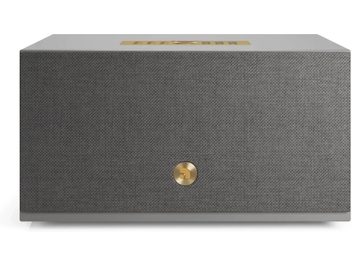 Coluna Audio Pro C10 MKII W cinzenta, com frente texturizada, logótipo dourado ao centro e controlos dourados na parte superior