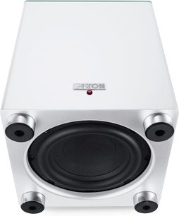 Caisson de basses Canton Smart Sub 8 blanc mat, vue de dessous avec haut-parleur vers le sol et quatre pieds ronds