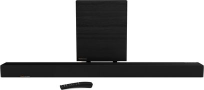 Klipsch Cinema 700 sort soundbar, set forfra, med separat subwoofer, på hvid baggrund