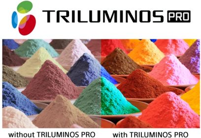 Twee vergelijkende afbeeldingen van kleurrijke poederhopen zonder en met het Triluminos PRO-product, in piramides op een witte achtergrond