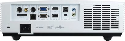 Optoma ZX210ST hvid videoprojektor, set forfra, tilslutninger til venstre, ventilationsriste til højre