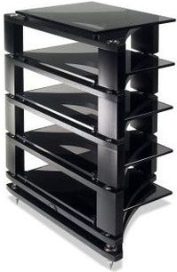 Black hi-fi shelf with 5 smoked glass levels, black metal frame, front perspective view slightly from the side