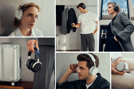 Mosaic of gray and black over-ear headphones, plastic and metal, padded headband, no visible cable