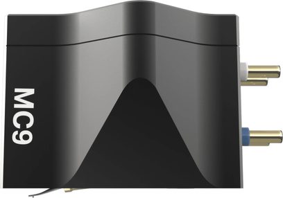 Pick It MC9 cartridge, side view, matte black body, white "MC9" inscription, gold-plated RCA connectors with white and blue tips