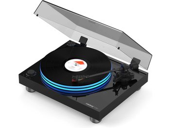 Vinylová hi-fi gramodeska Reloop TURN 7 v černé lakové úpravě, pohled z ptačí perspektivy, průhledné víko otevřené, černý talíř, modré osvětlení