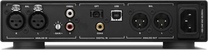 Предусилител за слушалки Sennheiser HDV 820 черен, преден изглед, с гнезда за слушалки и регулатори за усиление, изход и захранване