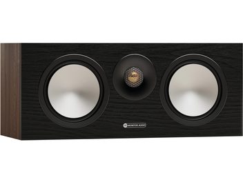Boxă centrală Monitor Audio Bronze 7G Centre nuc, carcasă dreptunghiulară din lemn cu finisaj nuc închis, vedere frontală, două difuzoare circulare argintii de o parte și de alta a unui tweeter cu dom auriu în pavilion negru