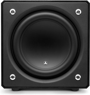JL Audio E-Sub e112 siyah dişbudak subwoofer, önden görünüm, kübik form, ortada mat siyah dairesel hoparlör