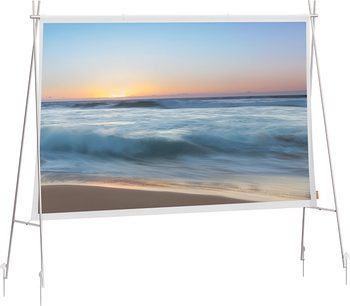 Schermo di proiezione portatile XGIMI con supporto, superficie bianca tesa con immagine di onde al tramonto