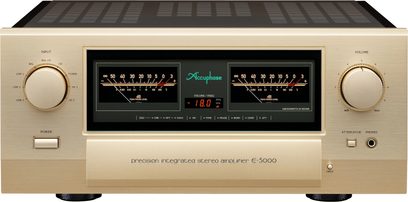 Integreret stereo hi-fi forstærker E-5000, set forfra, rektangulært kabinet, gylden finish, 2 store cirkulære knapper, 2 centrale vu-metre