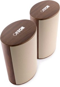 Pár kompaktních hi-fi reproduktorů Canton Puro 30 v ořechovém provedení, oválný design s béžovou mřížkou a horní částí s efektem tmavého dřeva