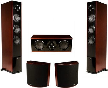 Sæt af Klipsch Icon WF-35 gulvhøjtalere i mørkt træ med sorte højttalere, set forfra