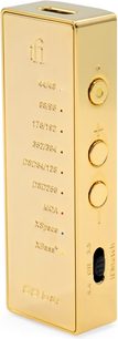 Bærbar iFi Audio Go bar gold lydkonverter, set forfra, gylden kabinet med indskrifter, 3 drejeknapper og 1 kontakt