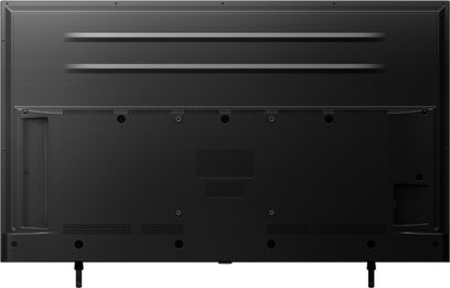 Panasonic TX-50LX800E 50 tommer TV, set forfra, slukket skærm, smal sort ramme, 5 knapper forneden, sorte fødder