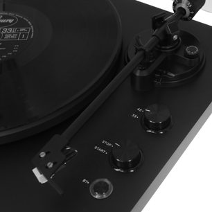 Enova HIFI VISION4 G2 BLM sort pladespiller, nærbillede af pickup-arm og betjeningsknapper 33 45 Start Stop
