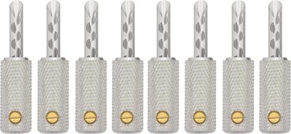Connettori a banana Wireworld Uni-Term silver, set di 8 connettori audio argentati con corpo zigrinato e vite dorata