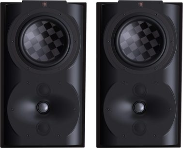 Black S4s rear speakers, front view, 2 circular top drivers with a grid pattern, 3 lower transducers.