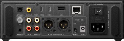 FiiO K15 musta värvi kõrvaklapivõimendi, metallkorpus, tagavaade optilise, koaksiaalse, USB-C/A, LAN, RCA, XLR, 4,4 mm, DC ja IEC liidestega