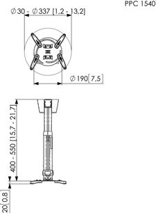 Teknisk diagram over Vogel's PPC 1540 sort loftbeslag til videoprojektor, med dimensioner og profilvisning af produktet