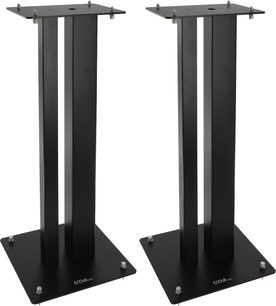 Enova HIFI MAJESTY 60 BL, dva černé reproduktorové stojany, pohled zepředu, obdélníková konstrukce, čtvercová základna, stříbrné šrouby