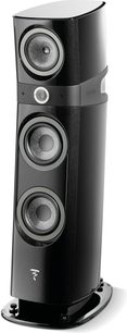 Focal Sopra N°2 zuil luidspreker in zwart lak, vooraanzicht, 3 ronde luidsprekers, 1 centrale tweeter, zwarte voet