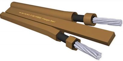 Avdio kabel Van den Hul The D-352 Hybrid, dve svetlo rjavi ploščati žici, prosojna obloga, črni bananasti konektorji