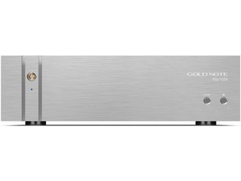 Fonte de alimentação hi-fi separada Gold Note PSU-1250 prata vista frontal, painel de alumínio escovado com logotipo e dois botões