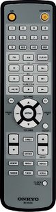 Sort Onkyo RC-815S fjernbetjening med grå og gule knapper, LCD-display, set forfra