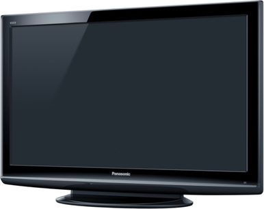 Panasonic TX-PF37X10 37 tommer fladskærms-tv sort slukket, smal ramme, rektangulær centralt placeret fod, set forfra