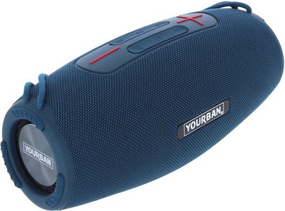Bluetooth-højttaler Yourban Getone 45 blå, set fra siden, cylindrisk form, tekstureret stof, røde knapper på toppen