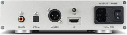 Přehrávač CD Nuprime CDT-10 černý, zadní pohled, konektory koaxiální, optický, AES/EBU, I2S, napájení 110-130V/200-240V