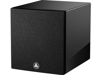 Субуфер JL Audio Dominion D110 с черен лак, изглед отпред, кубична форма, черна текстилна решетка, сребристо лого