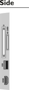 Teknisk diagram over sidevisningen af en Philips 32PFL7605-tv med dimensioner for USB- og HDMI-stikkene