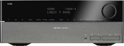 Wzmacniacz kina domowego Harman Kardon AVR-460, widok z przodu, wyświetlacz cyfrowy, przyciski i pokrętło sterujące, wejście słuchawkowe, wejścia audio/wideo