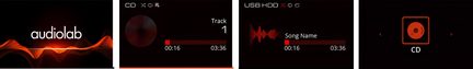 Image 1 : Texte "audiolab" blanc sur fond noir avec des ondes lumineuses orange Image 2 : Texte "CD Track 1", disque rouge, barre de progression rouge Image 3 : Texte "USB HDD Song Name", onde sonore rouge, barre de progression rouge Image 4 : Icône disque rouge encadrée, texte "CD", flèches gauche et droite