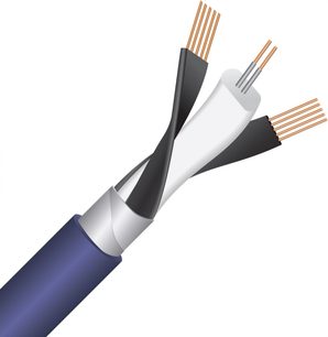 Digital koaksialkabel Wireworld Ultraviolet 10, blå kappe, blottede kobberledere, sorte og hvide isolatorer, tværsnitsvisning